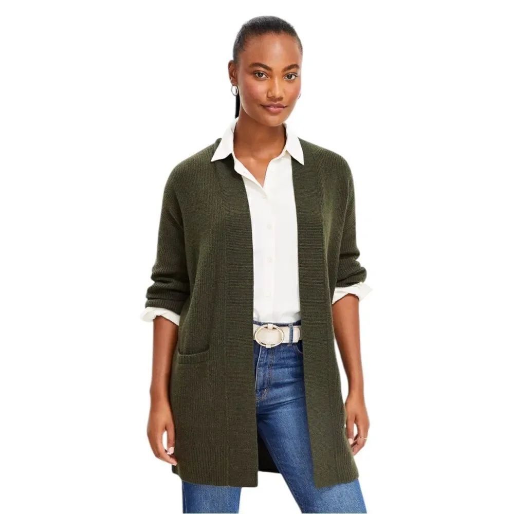 LOFT Ann Taylor Olive Green Ribbed Pocket Open Cardigan Extra Small EUC